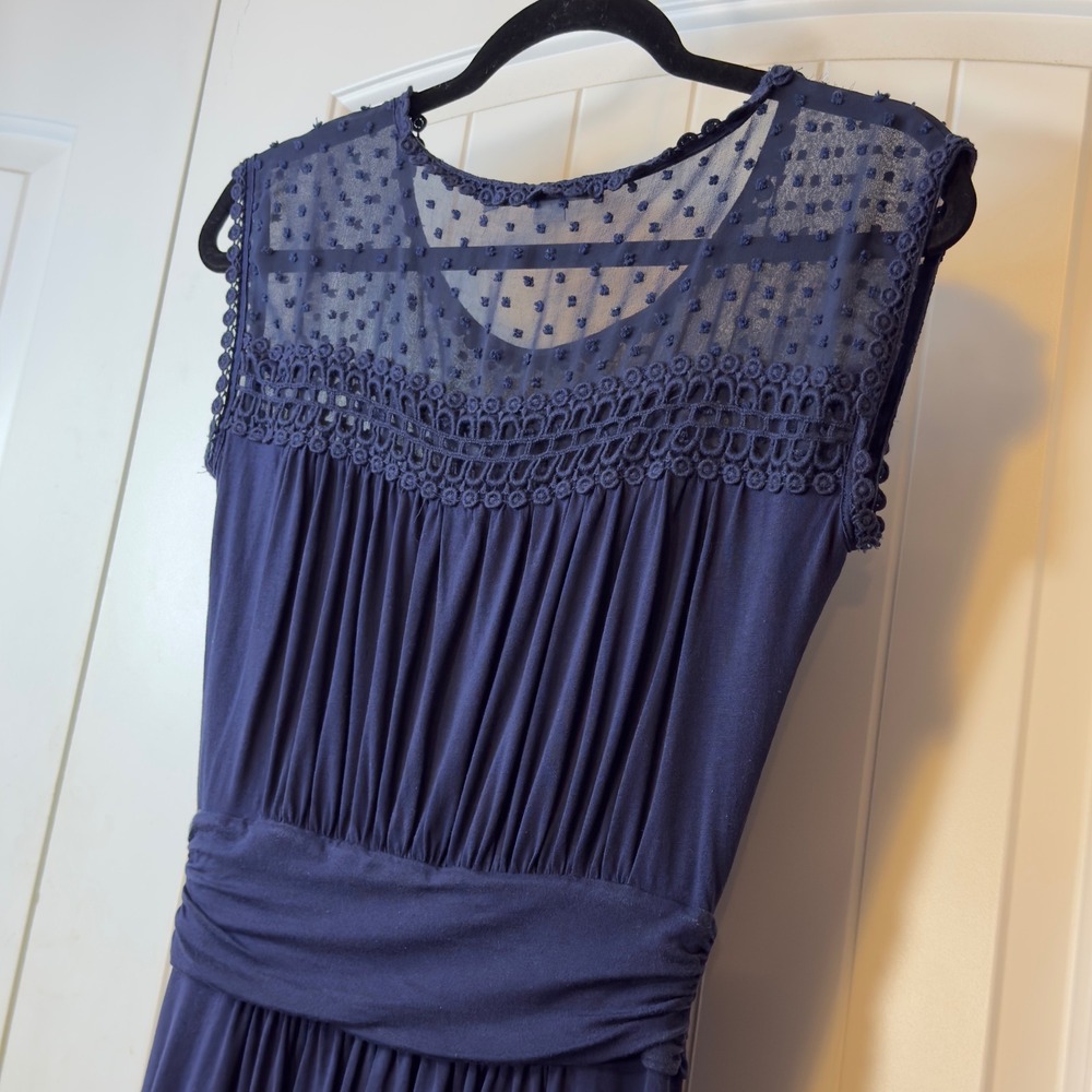 Boden Navy Blue Tencel Swiss Dot Crochet Trim Sleeveless Midi Dress WH650 US 4L - Picture 4 of 10